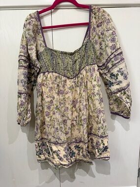 Boho Floral Peasant dress in Lavender and Cream